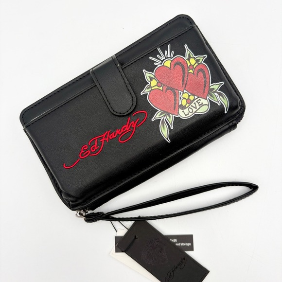 Ed Hardy Black Vegan Leather Wallet Hearts Love Tattoo Zip Around Wristlet - Picture 1 of 6